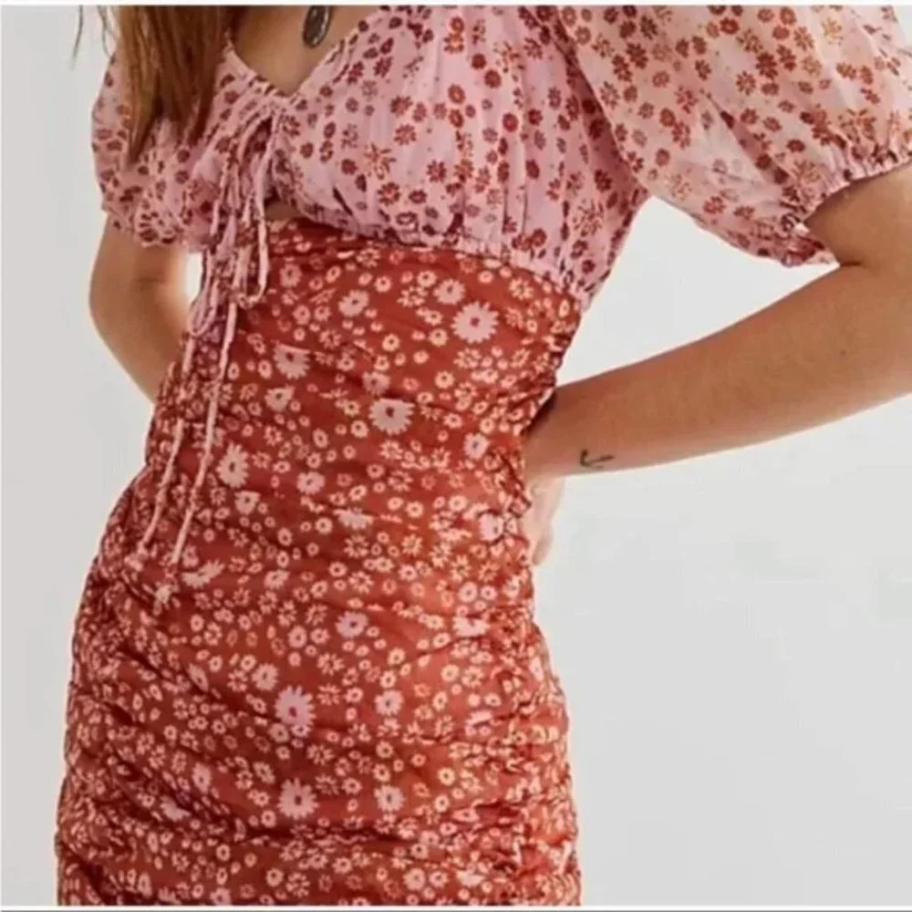Free People Tessa Ruched Mini Dress in Primrose Combo Pink Floral Size XS - Picture 2 of 9
